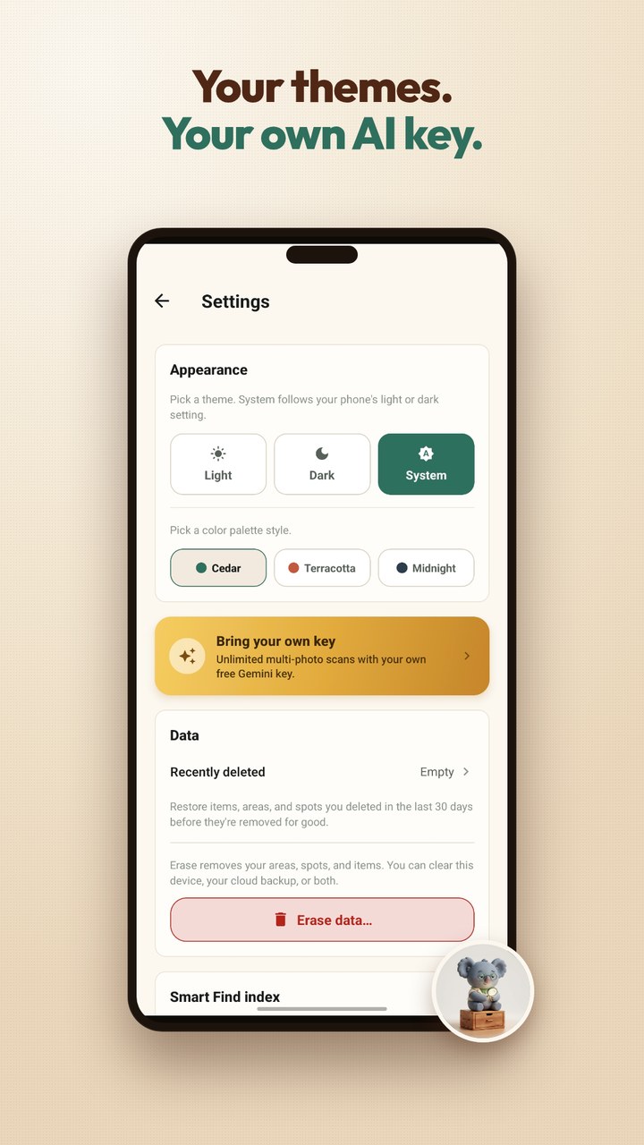 Themes and Bring Your Own Key: choose light, dark, or a color palette, and optionally use your own free Gemini key for unlimited multi-photo scans.