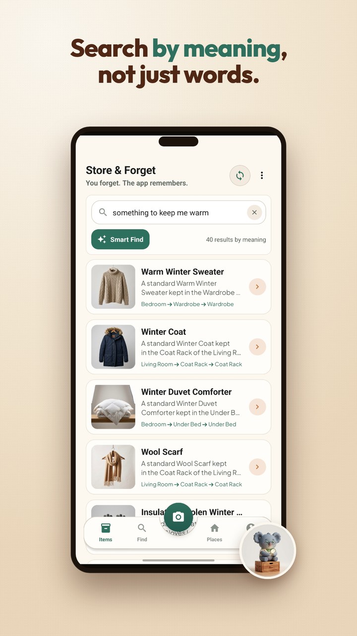Smart Find: search your things by meaning &mdash; &lsquo;something to keep me warm&rsquo; surfaces a sweater, coat, duvet, and scarf even without their exact names.